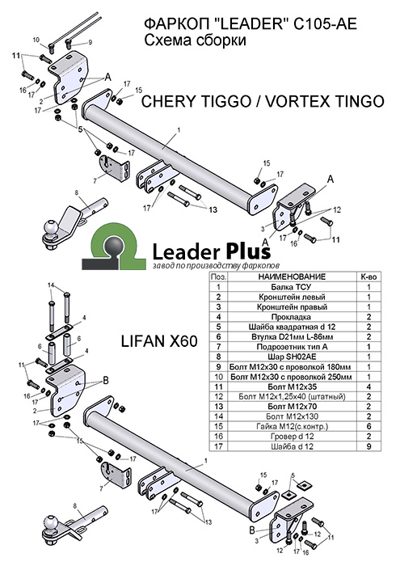 Фаркоп Leader Plus Chery Tiggo I 2011-2014 / ТагАЗ Vortex Tingo 2013-2020 / Lifan X60 2011-2020 - фото2